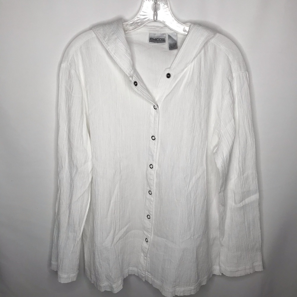 Chico’s Crinkle Cotton Snap Button Hoodie Over Top